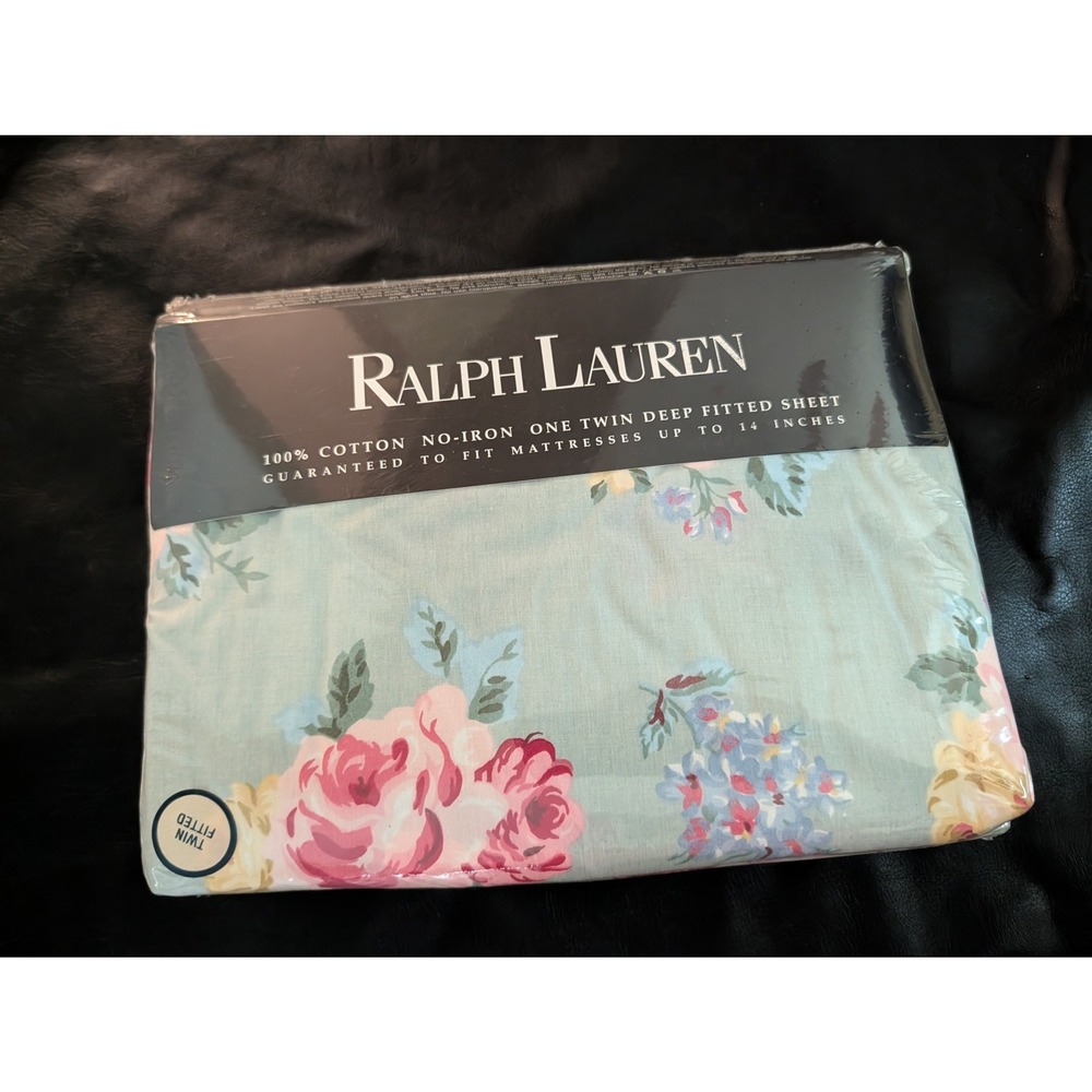 Ralph Lauren Seaside Cottage Twin Deep Fitted Sheet Floral Cotton Blue Pink NEW